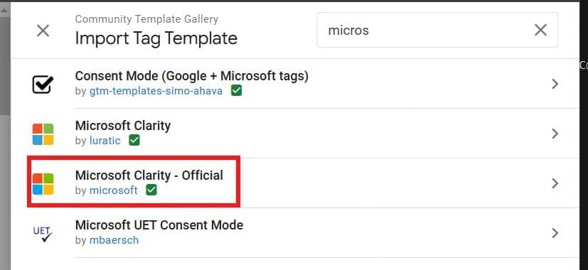 Selecting Microsoft Clarity Template