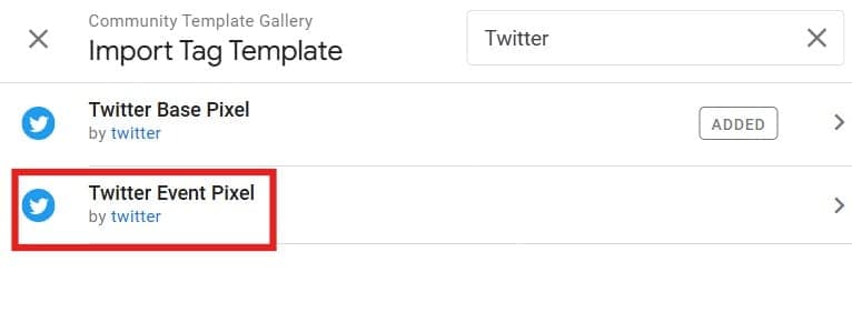 Selecting Twitter Event Pixel Template