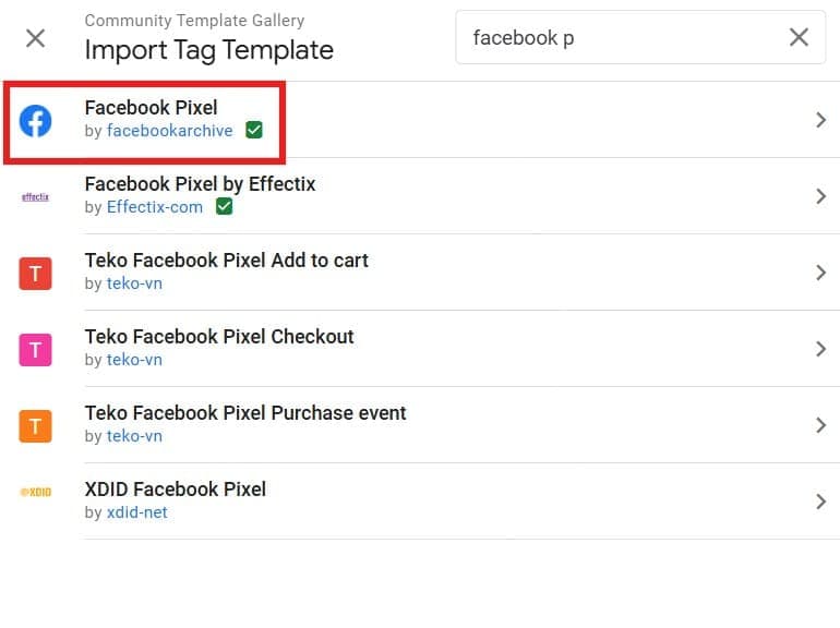 Selecting Facebook Pixel Template